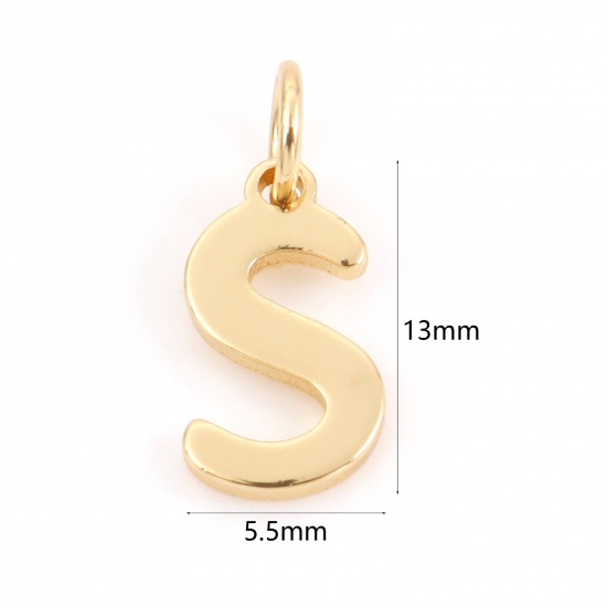 Picture of 2 PCs Brass Charms 18K Real Gold Plated Capital Alphabet/ Letter Message " S " 13mm x 5.5mm