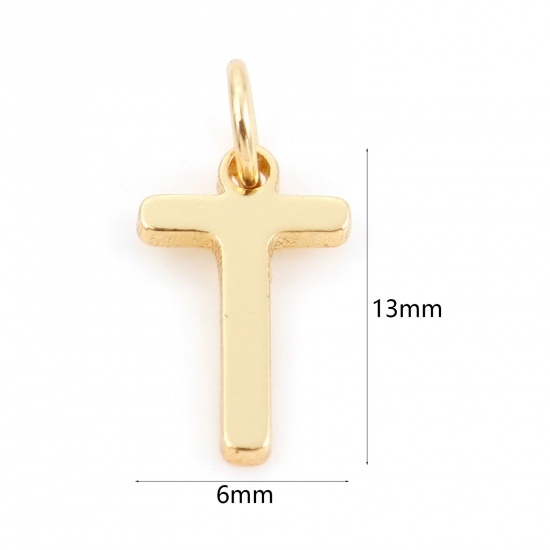 Picture of 2 PCs Brass Charms 18K Real Gold Plated Capital Alphabet/ Letter Message " T " 13mm x 6mm