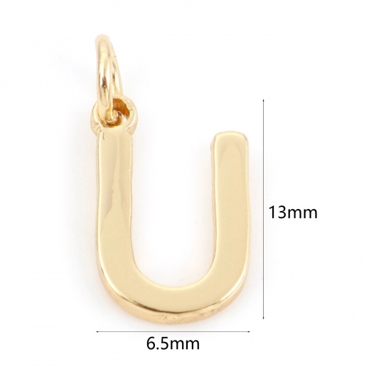 Picture of 2 PCs Brass Charms 18K Real Gold Plated Capital Alphabet/ Letter Message " U " 13mm x 6.5mm