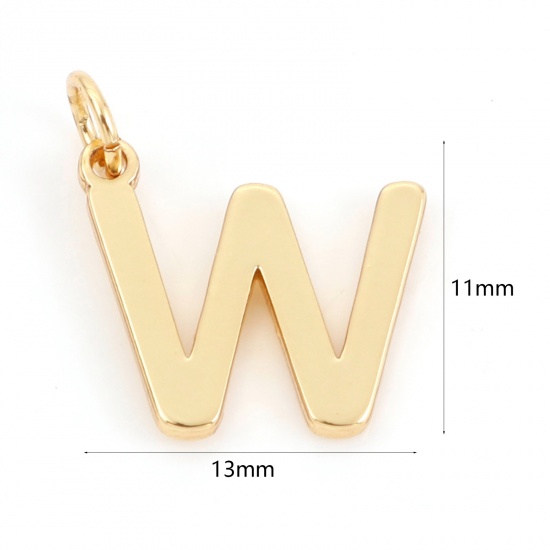 Picture of 2 PCs Brass Charms 18K Real Gold Plated Capital Alphabet/ Letter Message " W " 13mm x 11mm