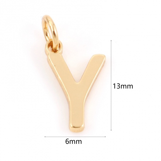 Picture of 2 PCs Brass Charms 18K Real Gold Plated Capital Alphabet/ Letter Message " Y " 13mm x 6mm