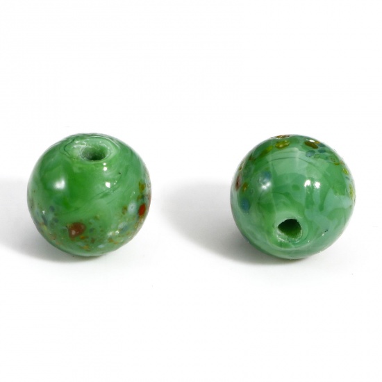Picture of 5 PCs Lampwork Glass Beads For DIY Charm Jewelry Making Round Green Watercolor About 10mm Dia, Hole: Approx 1.5mm