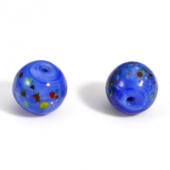 Picture of 5 PCs Lampwork Glass Beads For DIY Charm Jewelry Making Round Royal Blue Watercolor About 10mm Dia, Hole: Approx 1.5mm