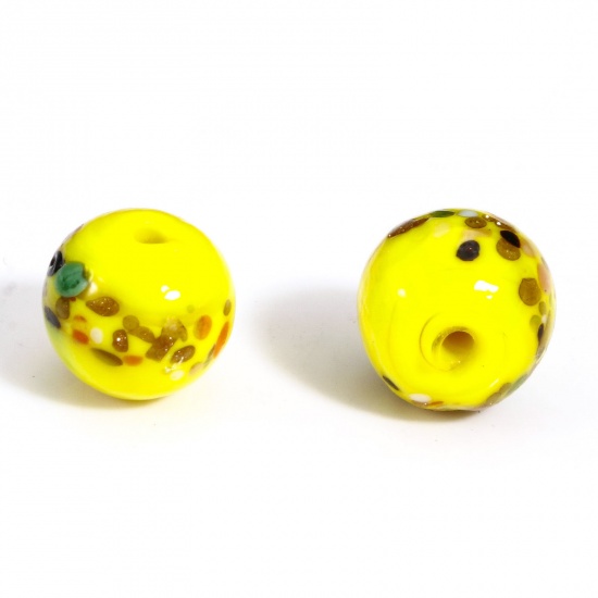 Picture of 5 PCs Lampwork Glass Beads For DIY Charm Jewelry Making Round Yellow Watercolor About 10mm Dia, Hole: Approx 1.5mm