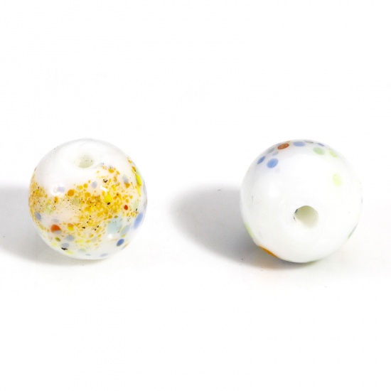 Picture of 5 PCs Lampwork Glass Beads For DIY Charm Jewelry Making Round White Watercolor About 10mm Dia, Hole: Approx 1.5mm