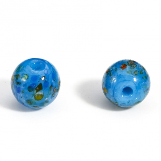 Image de 5 Pcs Perles pour DIY Fabrication de Bijoux de Pendentife en Verre au Chalumeau Rond Bleu Paon Aquarelle 10mm Dia, Trou: 1.5mm