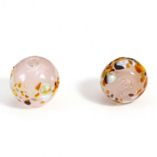 Picture of 5 PCs Lampwork Glass Beads For DIY Charm Jewelry Making Round Peachy Beige Watercolor About 10mm Dia, Hole: Approx 1.5mm