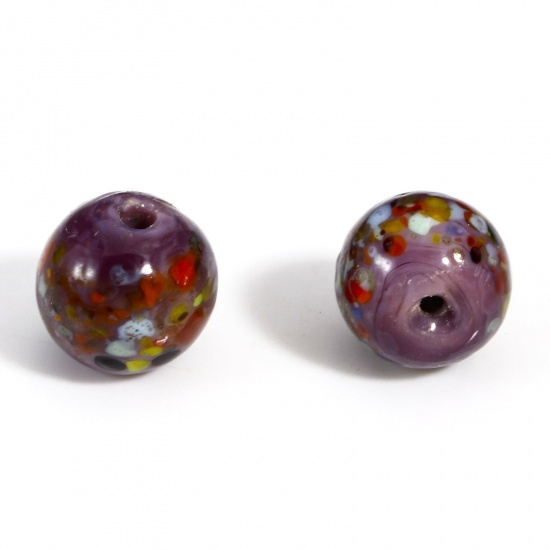 Picture of 5 PCs Lampwork Glass Beads For DIY Charm Jewelry Making Round Puce Watercolor About 10mm Dia, Hole: Approx 1.5mm