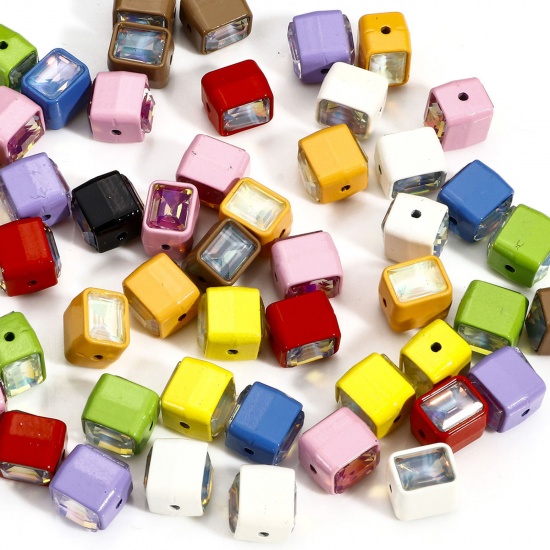Picture of 5 PCs Zinc Based Alloy & Glass Spacer Beads For DIY Charm Jewelry Making At Random Mixed Color Rectangle Cuboid Rhinestone About 11mm x 9mm, Hole: Approx 1.4mm
