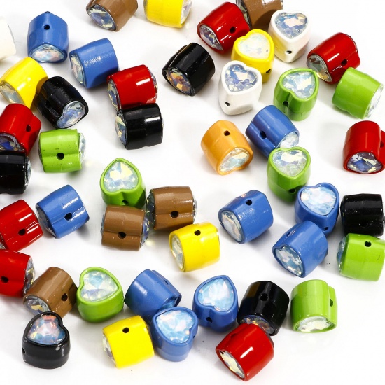 Bild von 5 Stück Zinklegierung & Glas Zwischenperlen Spacer Perlen für die Herstellung von DIY-Charme-Schmuck Zufällig gemischte Farben Herz mit Strass ca. 11mm x 10.5mm, Loch:ca. 1.2mm
