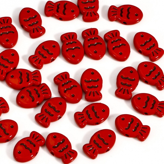 Picture of 10 PCs Zinc Based Alloy Ocean Jewelry Spacer Beads For DIY Charm Jewelry Making Red Fish Animal Painted About 14mm x 9mm, Hole: Approx 1.4mm