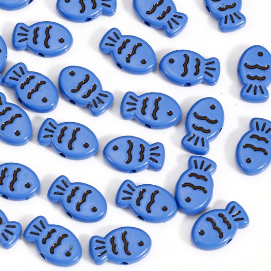 Picture of 10 PCs Zinc Based Alloy Ocean Jewelry Spacer Beads For DIY Charm Jewelry Making Blue Fish Animal Painted About 14mm x 9mm, Hole: Approx 1.4mm