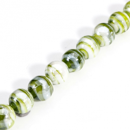 Picture of 10 PCs Lampwork Glass Beads For DIY Charm Jewelry Making Round Green Texture About 12mm Dia, Hole: Approx 2mm-1mm