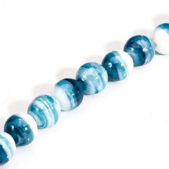 Picture of 10 PCs Lampwork Glass Beads For DIY Charm Jewelry Making Round Green Blue Texture About 12mm Dia, Hole: Approx 2mm-1mm