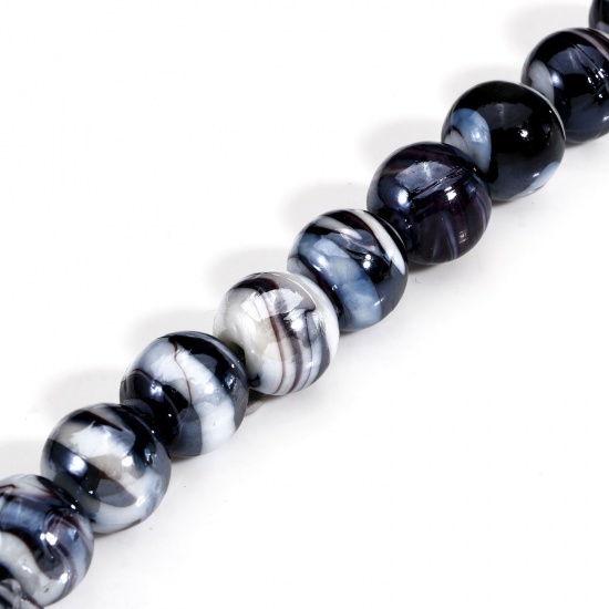 Picture of 10 PCs Lampwork Glass Beads For DIY Charm Jewelry Making Round Black Texture About 12mm Dia, Hole: Approx 2mm-1mm
