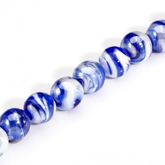 Picture of 10 PCs Lampwork Glass Beads For DIY Charm Jewelry Making Round Royal Blue Texture About 12mm Dia, Hole: Approx 2mm-1mm