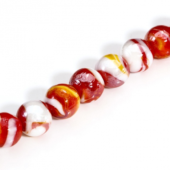 Picture of 10 PCs Lampwork Glass Beads For DIY Charm Jewelry Making Round Red Texture About 12mm Dia, Hole: Approx 2mm-1mm