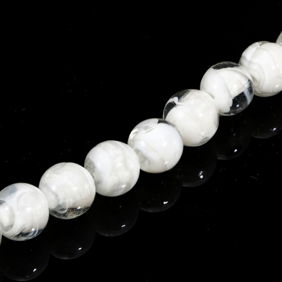 Picture of 10 PCs Lampwork Glass Beads For DIY Charm Jewelry Making Round White Texture About 12mm Dia, Hole: Approx 2mm-1mm