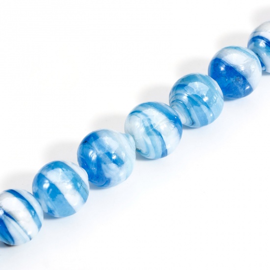 Picture of 10 PCs Lampwork Glass Beads For DIY Charm Jewelry Making Round Blue Texture About 12mm Dia, Hole: Approx 2mm-1mm