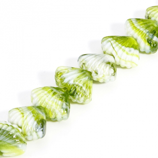 Picture of 10 PCs Lampwork Glass Ocean Jewelry Beads For DIY Charm Jewelry Making Shell Green Texture About 22mm x 16mm, Hole: Approx 2.5mm-1.5mm