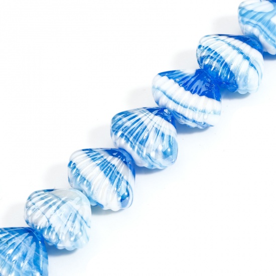 Picture of 10 PCs Lampwork Glass Ocean Jewelry Beads For DIY Charm Jewelry Making Shell Blue Texture About 22mm x 16mm, Hole: Approx 2.5mm-1.5mm