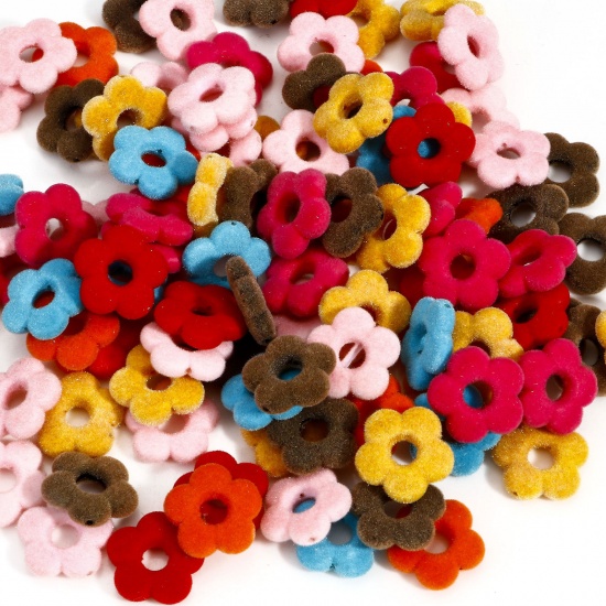 Picture of 10 PCs Acrylic Flora Collection Beads For DIY Charm Jewelry Making At Random Mixed Color Flower Flocking About 20mm x 19mm, Hole: Approx 1.2mm