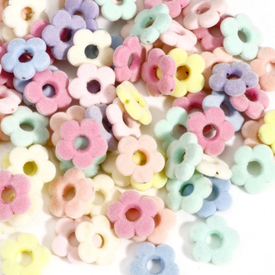Picture of 10 PCs Acrylic Flora Collection Beads For DIY Charm Jewelry Making At Random Mixed Color Flower Flocking About 20mm x 19mm, Hole: Approx 1.2mm