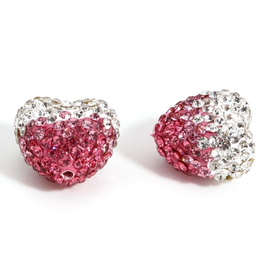 Picture of 2 PCs Polymer Clay & Rhinestone Valentine's Day Beads For DIY Charm Jewelry Making Heart Pink 3D About 18mm x 17mm, Hole: Approx 1.5mm