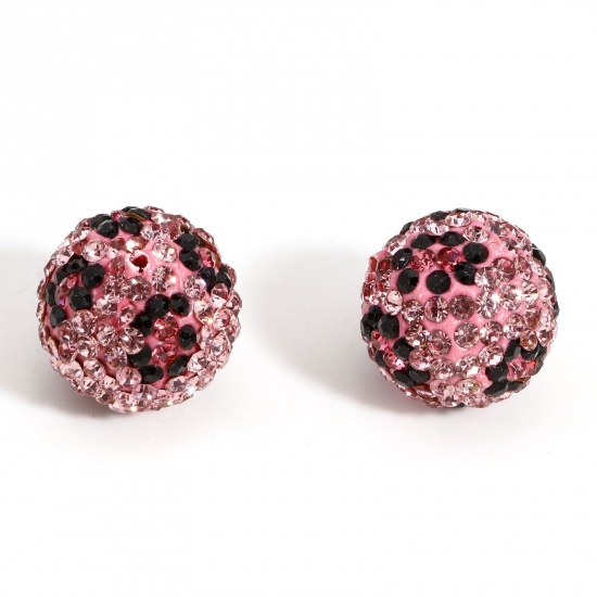 Picture of 2 PCs Polymer Clay & Rhinestone Beads For DIY Charm Jewelry Making Round Pink Leopard Print Pattern Glitter About 16mm Dia, Hole: Approx 1.5mm
