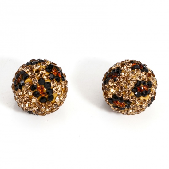 Picture of 2 PCs Polymer Clay & Rhinestone Beads For DIY Charm Jewelry Making Round Amber Leopard Print Pattern Glitter About 16mm Dia, Hole: Approx 1.5mm