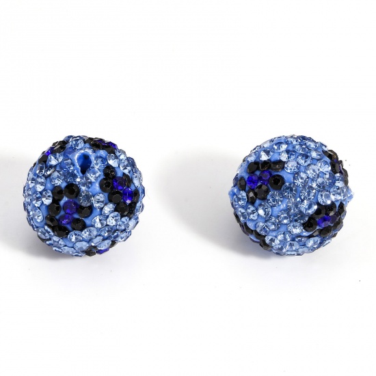 Picture of 2 PCs Polymer Clay & Rhinestone Beads For DIY Charm Jewelry Making Round Blue Leopard Print Pattern Glitter About 16mm Dia, Hole: Approx 1.5mm