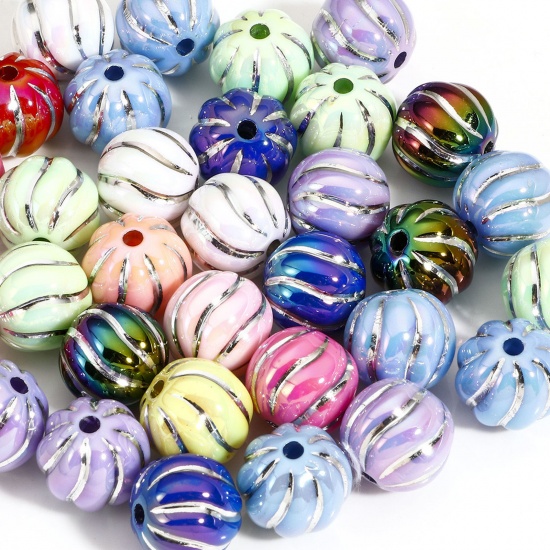 Bild von 10 Stück Acryl Perlen für die Herstellung von DIY-Charme-Schmuck Zufällig Gemischte Farben Kürbis Streifen AB Farbe ca. 16mm D., Loch:ca. 2.6mm