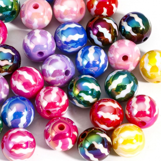 Bild von 10 Stück Acryl Perlen für die Herstellung von DIY-Charme-Schmuck Zufällig Gemischte Farben Rund Streifen AB Farbe ca. 16mm D., Loch:ca. 2.5mm