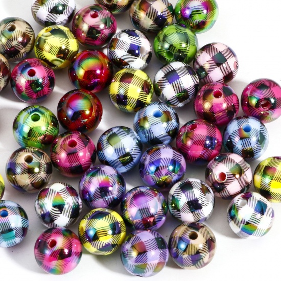Picture of 10 PCs Acrylic Beads For DIY Charm Jewelry Making At Random Mixed Color Round Grid Checker About 15.5mm Dia., Hole: Approx 2.5mm