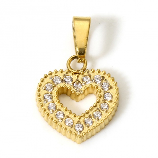 Image de 1 Pièce Pendentif Breloque en 304 Acier Inoxydable Placage Sous Vide Écologique Géométrique Cœur 18k Or Rempli Micro Pave à Zircone Cubique Clair 16mm x 10mm