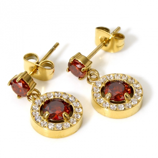 Picture of 1 Pair 304 Stainless Steel Ear Post Stud Earrings 18K Real Gold Plated Red Round Clear Cubic Zirconia 17.5mm x 10mm, Post/ Wire Size: (20 gauge)