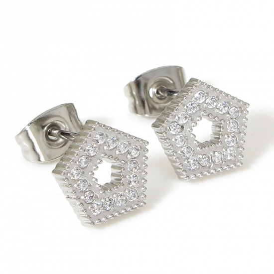 Picture of 1 Pair 304 Stainless Steel Ear Post Stud Earrings Real Platinum Plated Pentagon Clear Cubic Zirconia 9mm x 9mm, Post/ Wire Size: (20 gauge)