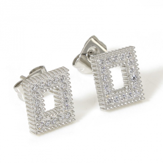 Picture of 1 Pair 304 Stainless Steel Ear Post Stud Earrings Real Platinum Plated Rectangle Clear Cubic Zirconia 9mm x 8mm, Post/ Wire Size: (20 gauge)