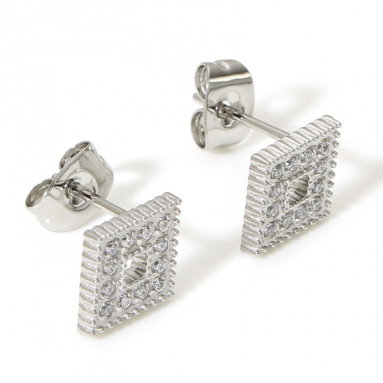 Picture of 1 Pair 304 Stainless Steel Ear Post Stud Earrings Real Platinum Plated Rhombus Clear Cubic Zirconia 11mm x 8mm, Post/ Wire Size: (20 gauge)