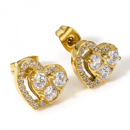 Picture of 1 Pair 304 Stainless Steel Ear Post Stud Earrings 18K Real Gold Plated Heart Clear Cubic Zirconia 11mm x 10mm, Post/ Wire Size: (20 gauge)