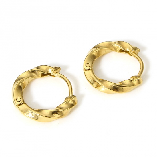Picture of 1 Pair 304 Stainless Steel Hoop Earrings 18K Real Gold Plated 15mm x 14mm, Post/ Wire Size: (19 gauge)