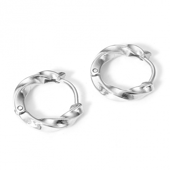 Picture of 1 Pair 304 Stainless Steel Hoop Earrings Real Platinum Plated 15mm x 14mm, Post/ Wire Size: (19 gauge)