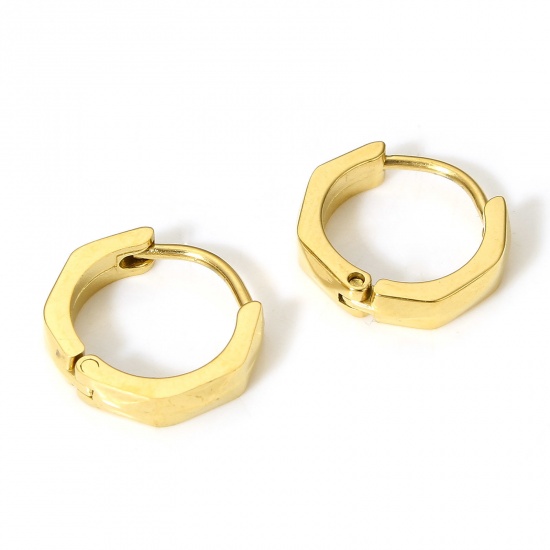 Picture of 1 Pair 304 Stainless Steel Hoop Earrings 18K Real Gold Plated 13mm x 12mm, Post/ Wire Size: (19 gauge)