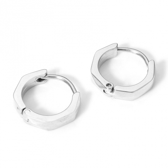 Picture of 1 Pair 304 Stainless Steel Hoop Earrings Real Platinum Plated 13mm x 12mm, Post/ Wire Size: (19 gauge)