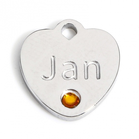 Picture of 1 Piece 304 Stainless Steel Birthstone Charms Silver Tone Heart Message " January " Orange Rhinestone 12mm x 11.5mm