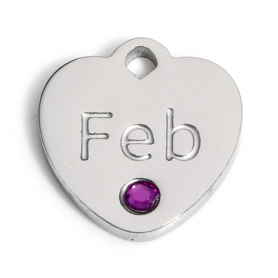 Picture of 1 Piece 304 Stainless Steel Birthstone Charms Silver Tone Heart Message " February " Purple Rhinestone 12mm x 11.5mm
