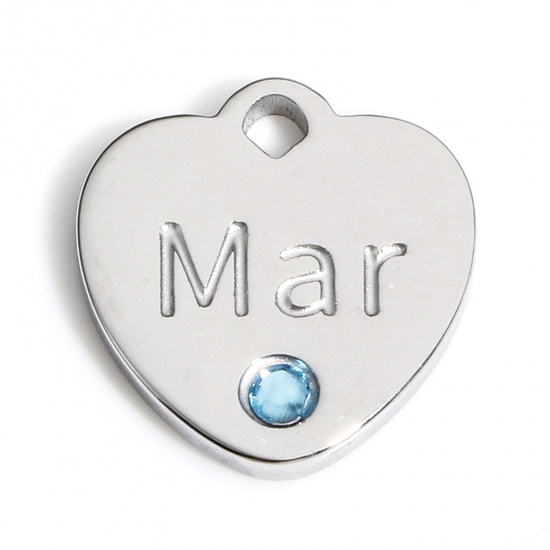 Picture of 1 Piece 304 Stainless Steel Birthstone Charms Silver Tone Heart Message " March " Light Blue Rhinestone 12mm x 11.5mm