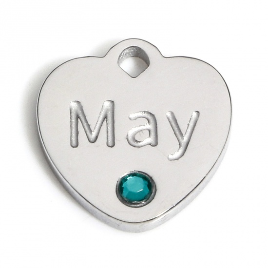 Picture of 1 Piece 304 Stainless Steel Birthstone Charms Silver Tone Heart Message " May " Green Rhinestone 12mm x 11.5mm