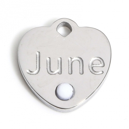 Picture of 1 Piece 304 Stainless Steel Birthstone Charms Silver Tone White Heart Message " June " Imitation Turquoise 12mm x 11.5mm