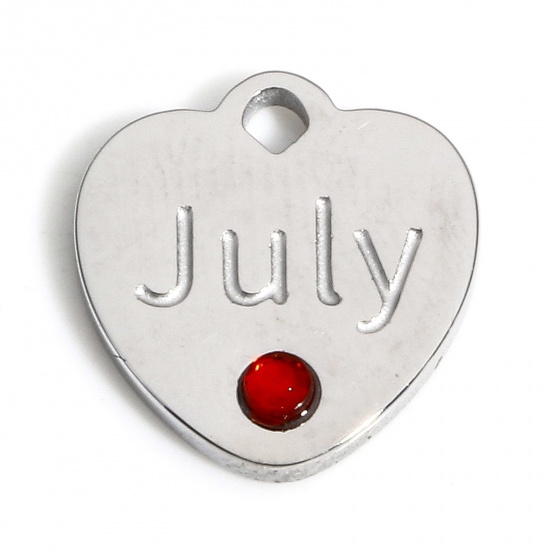 Picture of 1 Piece 304 Stainless Steel Birthstone Charms Silver Tone Heart Message " July " Red Rhinestone 12mm x 11.5mm